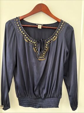 Cache Navy Long-Sleeve Blouse with Gold Stud Detail